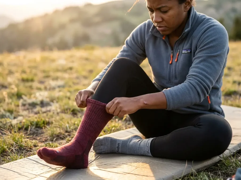Hiker layering toe socks for the daily gear system on a thru-hike