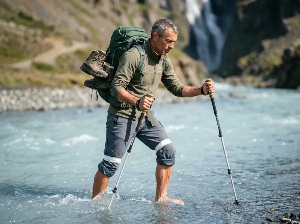Experienced hiker wading barefoot across Glymur upper river crossing, trekking poles deployed, West Iceland
