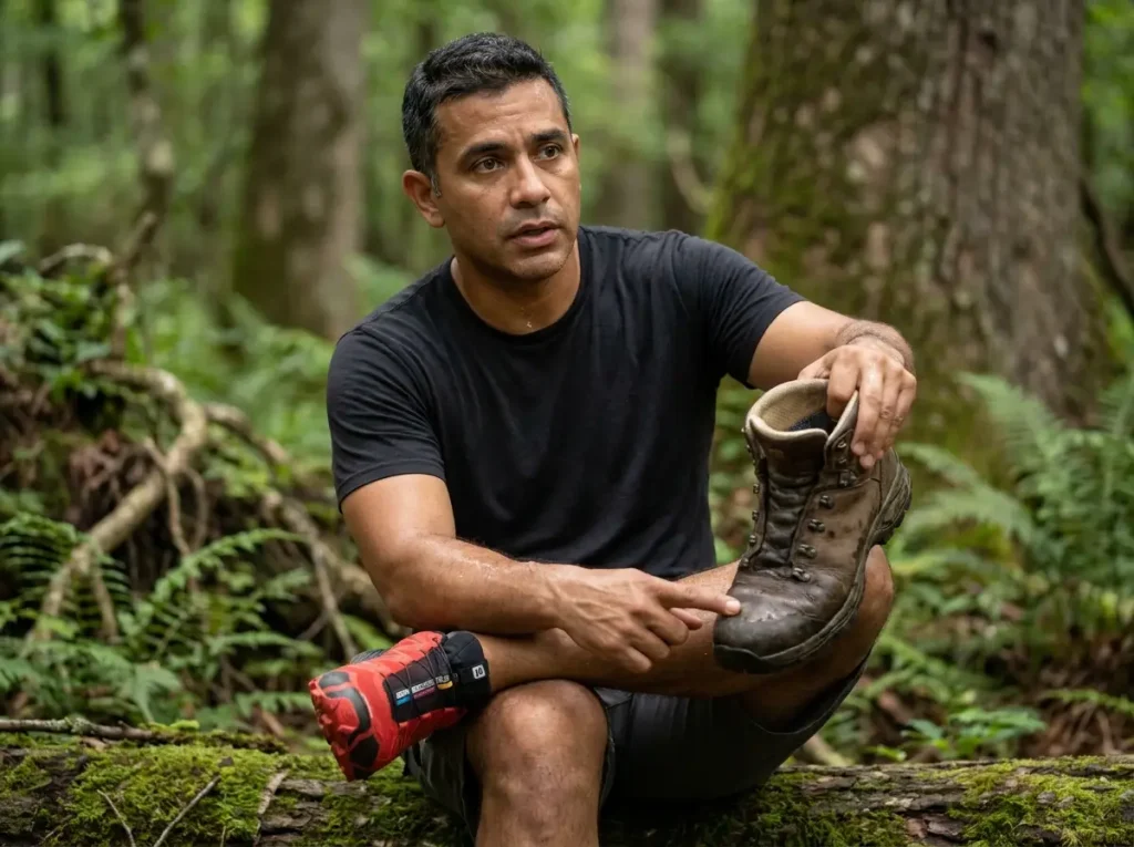 Hiker comparing a wet Gore-Tex boot with a mesh trail runner on a humid forest trail to show footwear performance