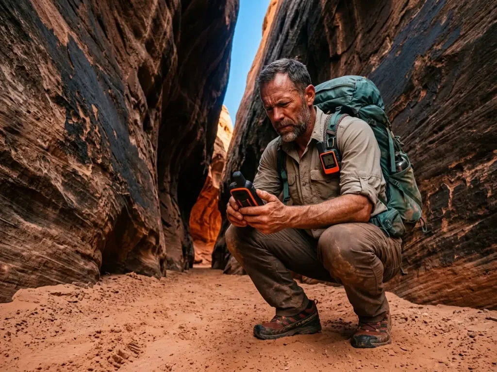 Hiker in sandstone canyon using Garmin GPS unit to check position — GPS multipath error