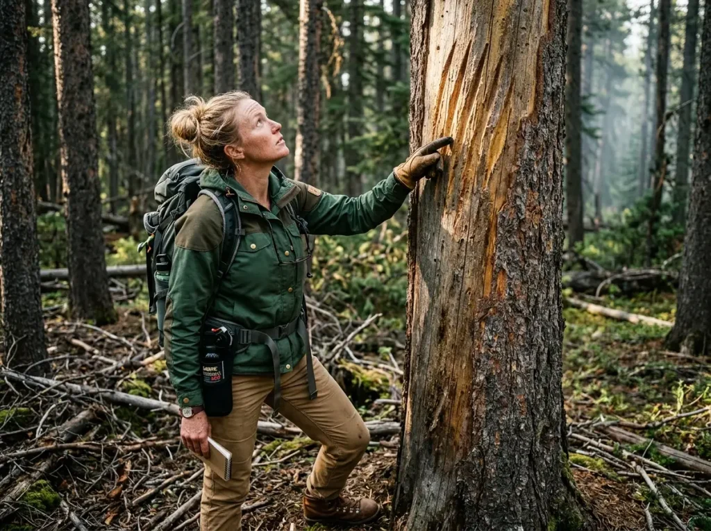 Hiker identifying tree markings to determine what to do in a black vs grizzly bear encounter