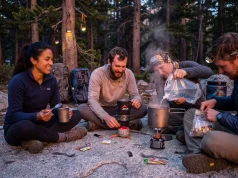 Why Most Group Cooking Plans Fail by Night Three Group of four hikers cooking dinner together at a backcountry campsite at dusk