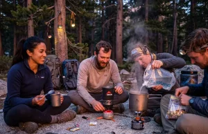 Why Most Group Cooking Plans Fail by Night Three Group of four hikers cooking dinner together at a backcountry campsite at dusk