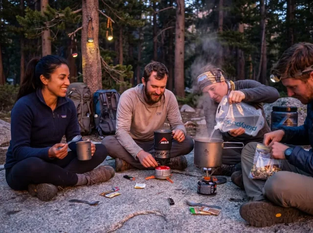 group-cooking-backcountry-campsite-dusk Group of four hikers cooking dinner together at a backcountry campsite at dusk