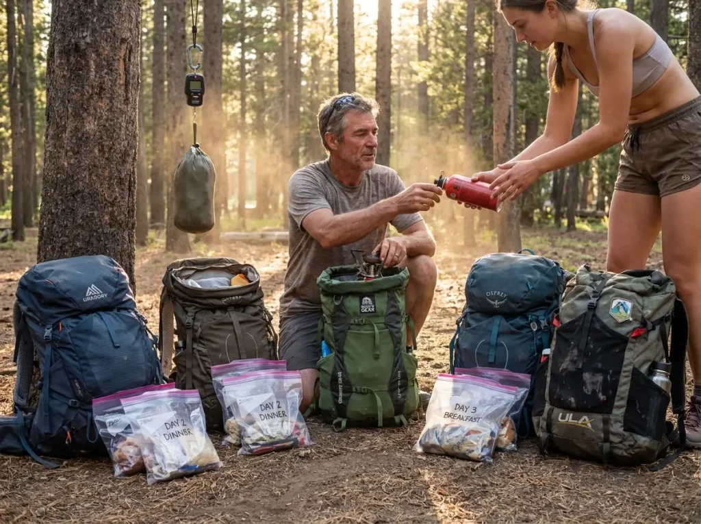 Four hikers dividing cooking gear and food bags between their packs
