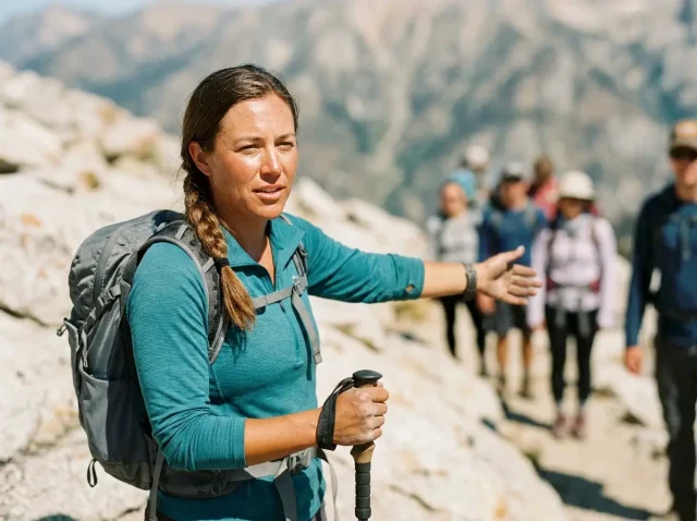 group-hiking-leader-trail-guide Female hike leader looking back with trekking pole on rocky trail