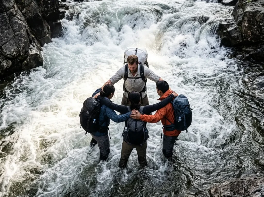 Three hikers using a triangle group formation showing how to cross a stream safely on foot.