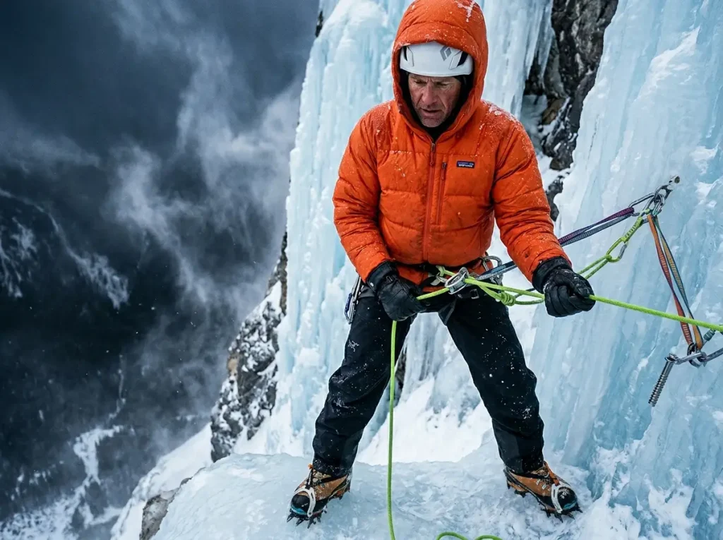 Ice climber belaying in freezing rain wearing waterproof hardshell pants