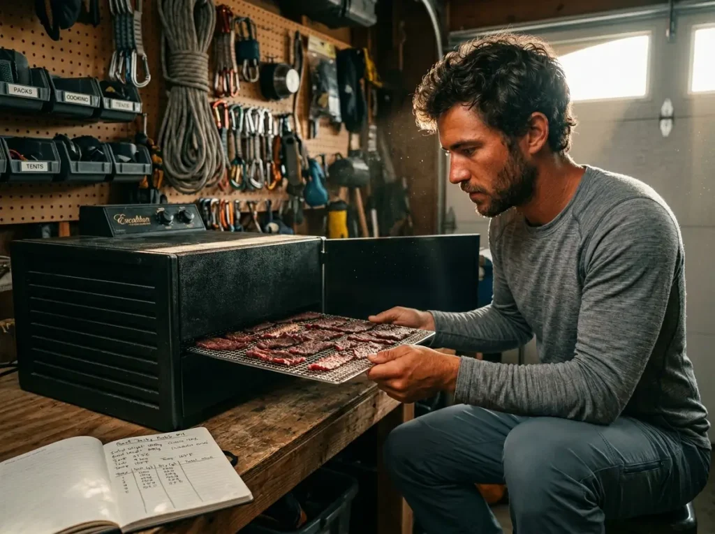 Thru-hiker sliding a tray of beef jerky into an Excalibur dehydrator for moisture extraction.