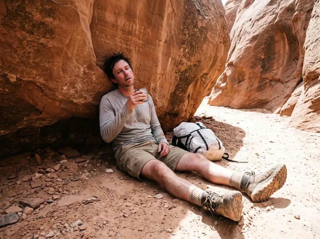 Severely dehydrated hiker slumped in the shade of a rock wall suffering from heat exhaustion and thermoregulatory failure