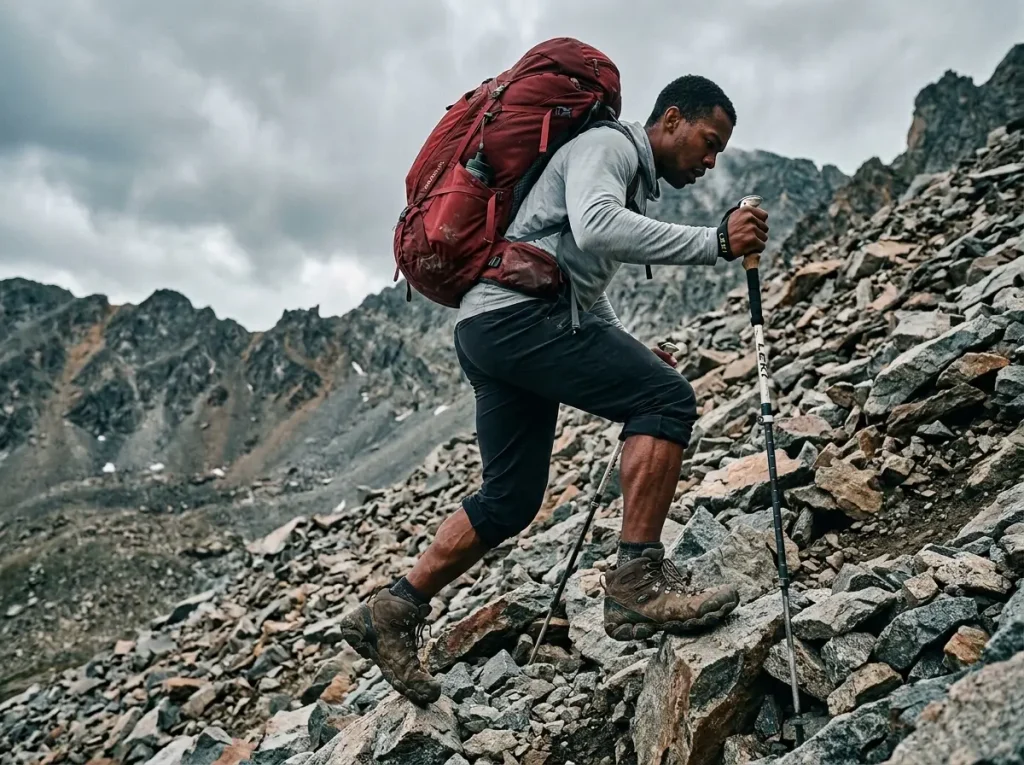 Backpacker carrying a heavy load on steep rocky terrain highlighting foot pressure.