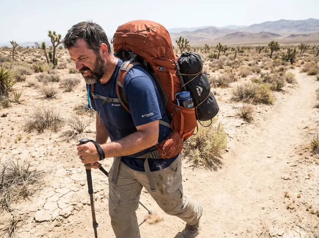 Backpacker carrying heavy pack with water bottles strapped on sides in desert heat