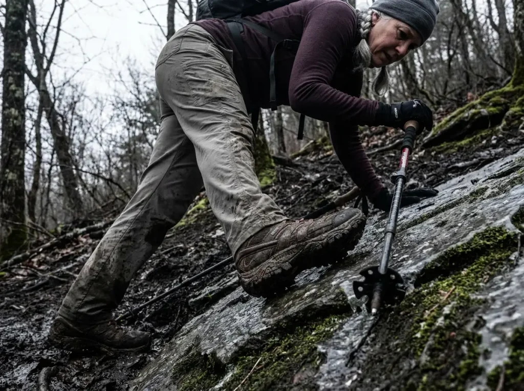 Female hiker navigating hidden trail hazards like mud and ice on a north-facing slope