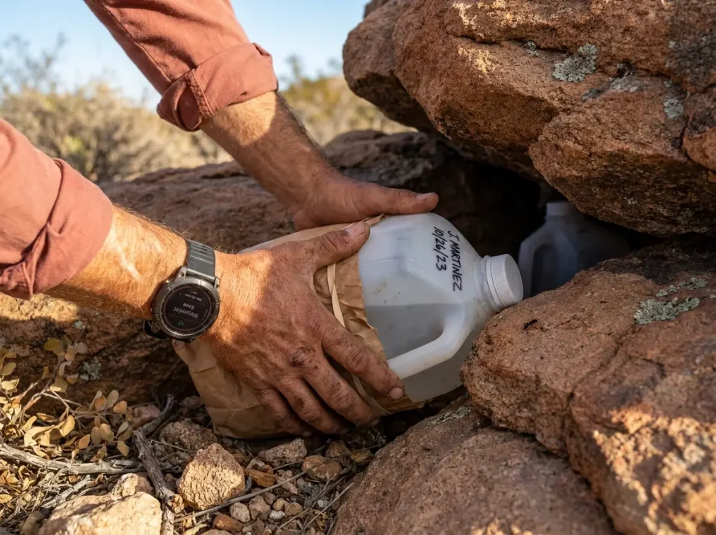 Hands hiding water jug under desert rocks and marking GPS coordinates on watch