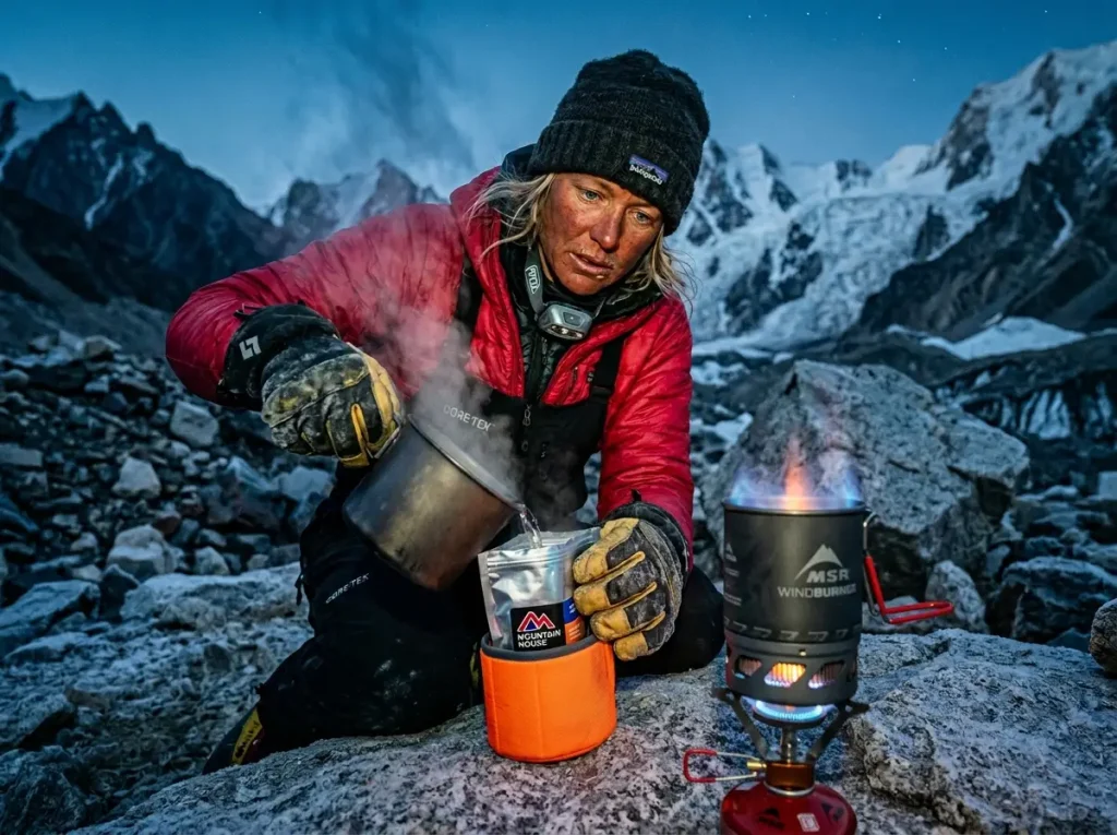 Female alpinist pouring boiling water into a DIY meal pouch nestled within an insulated pot cozy.