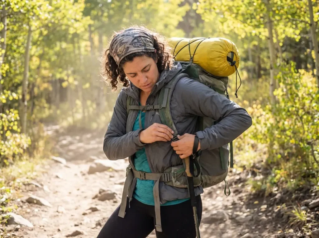 Hiker adjusting backpack straps with tent visible on top of loaded pack