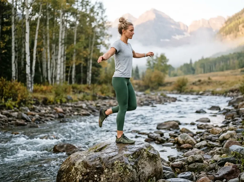 Female hiker in minimalist shoes maintaining single-leg balance on a river rock to strengthen ankle stabilizer muscles.