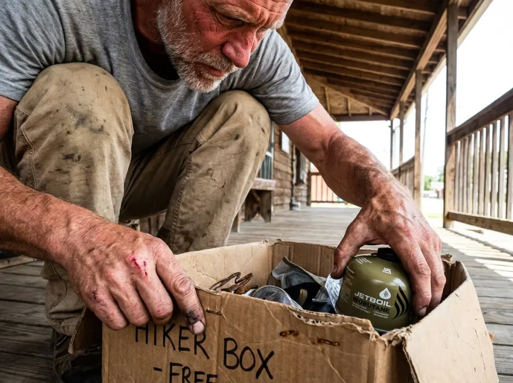 Backpacker selectively taking a fuel canister from a cardboard hiker box on a wooden porch.