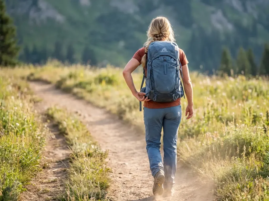 Hiker walking confidently down a pristine trail after reporting an issue