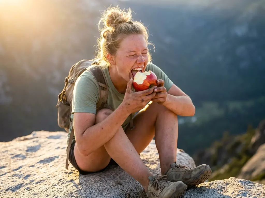 Exhausted female hiker enjoying the trail magic of a fresh red apple on a granite boulder.