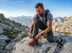 Ankle Support in Boots Is a Myth, Here’s the Proof Experienced hiker naturally flexing his ankle while tying Altra trail runners on a rocky alpine mountain trail.