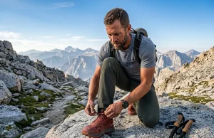 Ankle Support in Boots Is a Myth, Here’s the Proof Experienced hiker naturally flexing his ankle while tying Altra trail runners on a rocky alpine mountain trail.