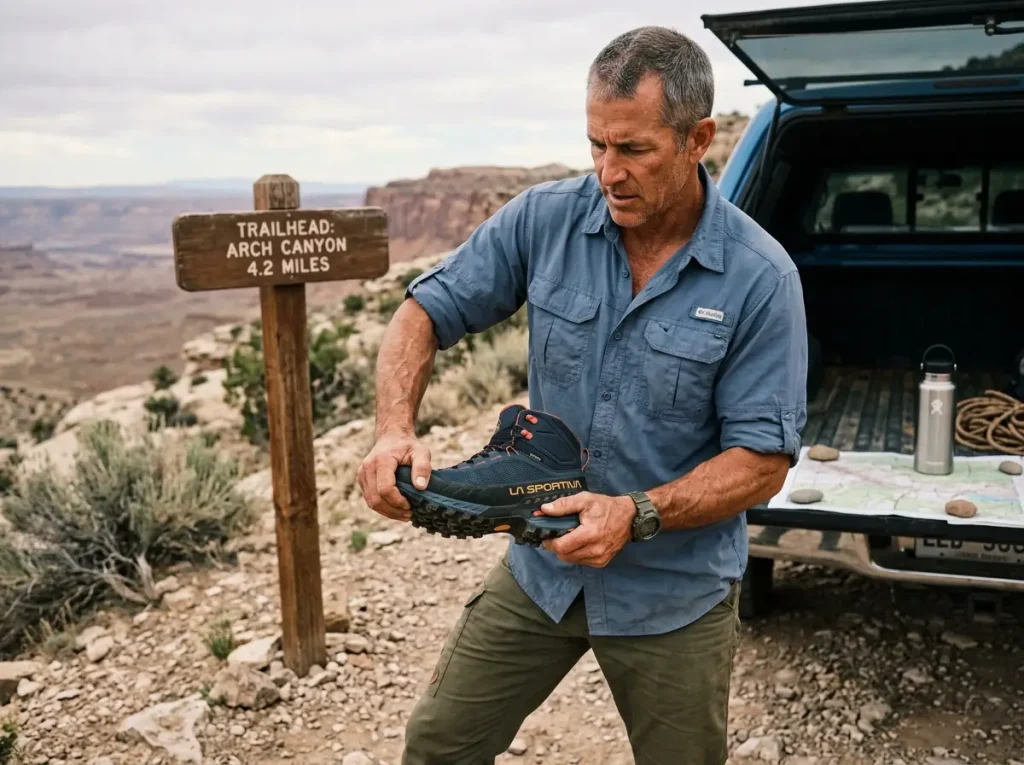 Hiker performing manual twist test on La Sportiva hiking footwear to evaluate torsional rigidity properties.