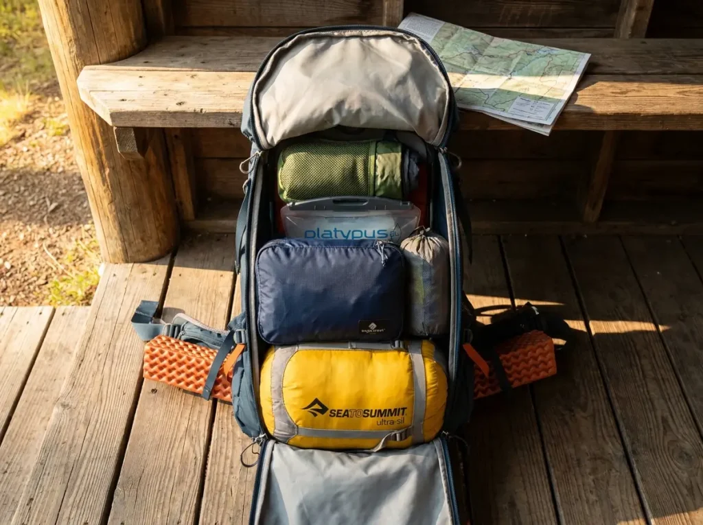 Cross section view of hiking backpack showing three packing zones with cubes