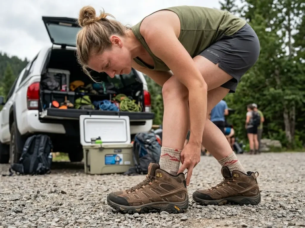Verifying hiking boot length with the index finger test behind the heel.
