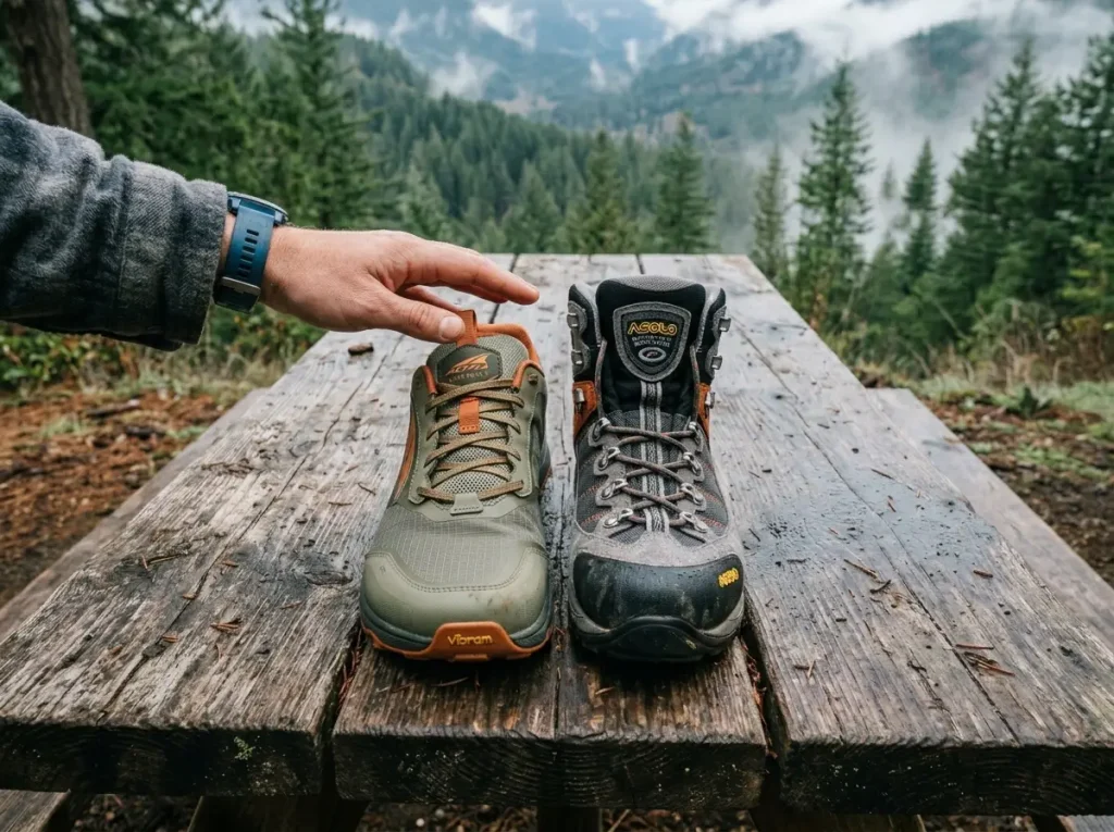 Side by side comparison of a wide Altra shoe and narrow Asolo boot.
