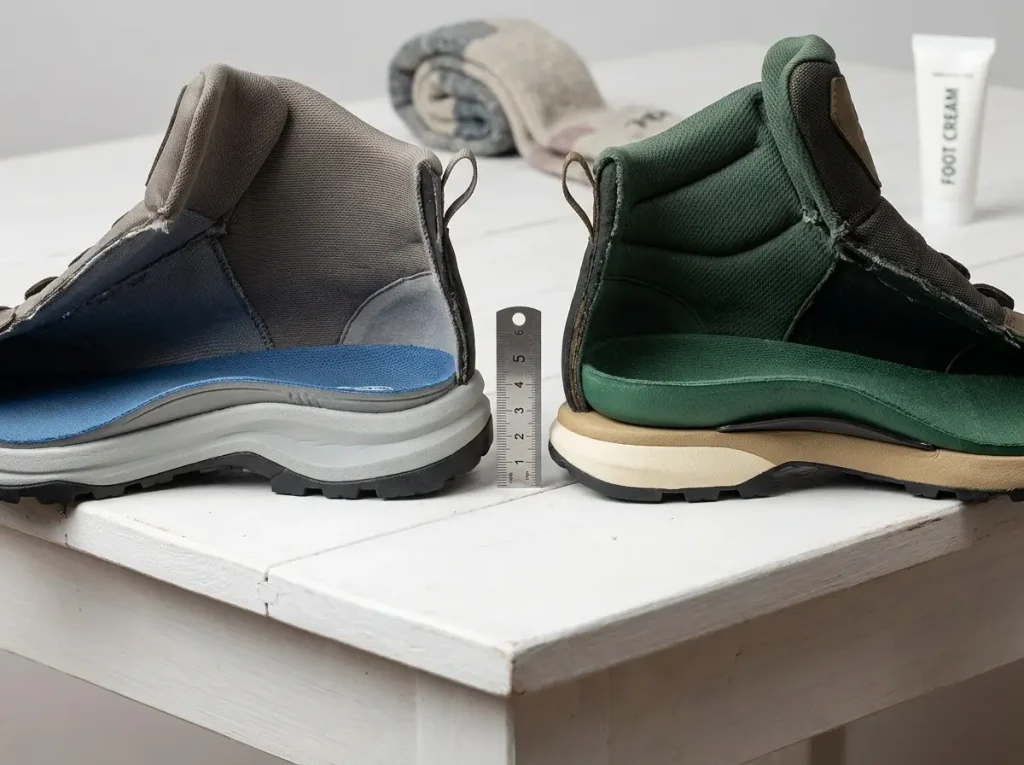 Close-up cross-section view of two hiking boot midsoles showing different cushioning and arch support designs