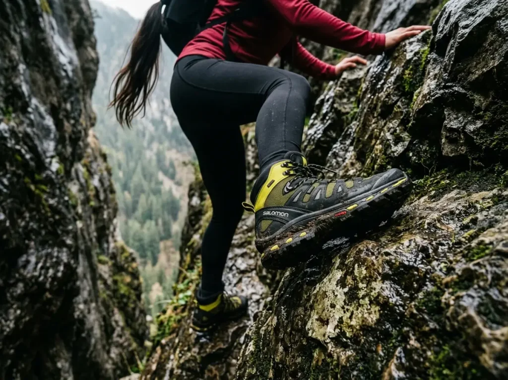 Salomon Gore-Tex boots aggressively grip a wet cliff, showing how deep treads also trap ecology.