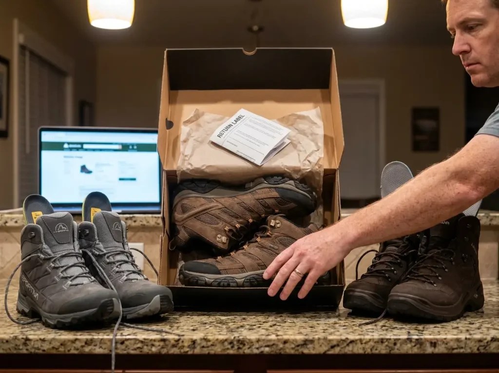 Returned hiking boots in shipping box with packing slip visible
