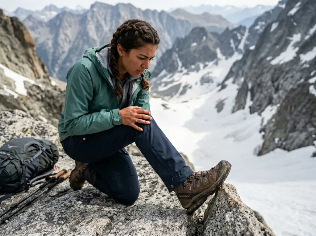 Alpinist testing the flexibility limit of a hiking boot on granite