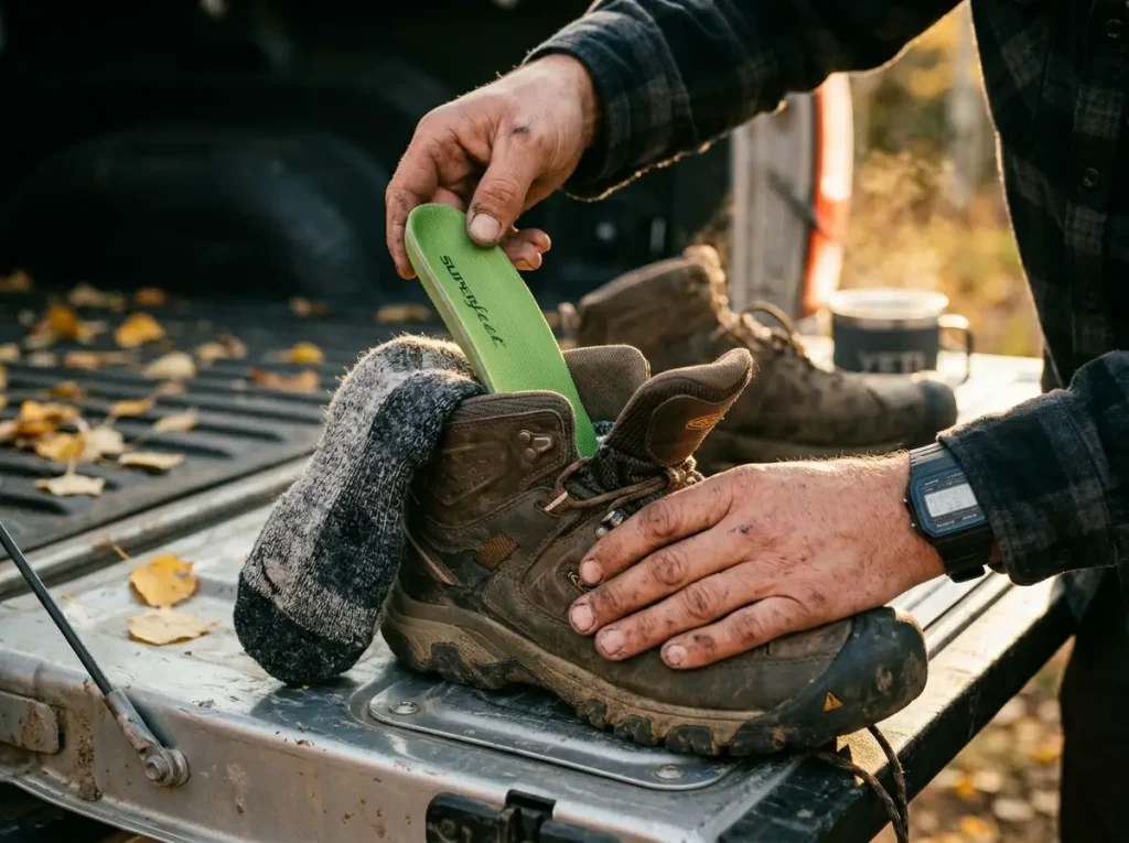 Inserting Superfeet Green insole into Keen hiking boots to adjust volume.