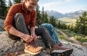 6 Best Hiking Boots for Plantar Fasciitis 2026 Hiker lacing up supportive hiking boots on a granite boulder overlooking a mountain valley