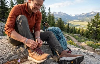6 Best Hiking Boots for Plantar Fasciitis 2026 Hiker lacing up supportive hiking boots on a granite boulder overlooking a mountain valley