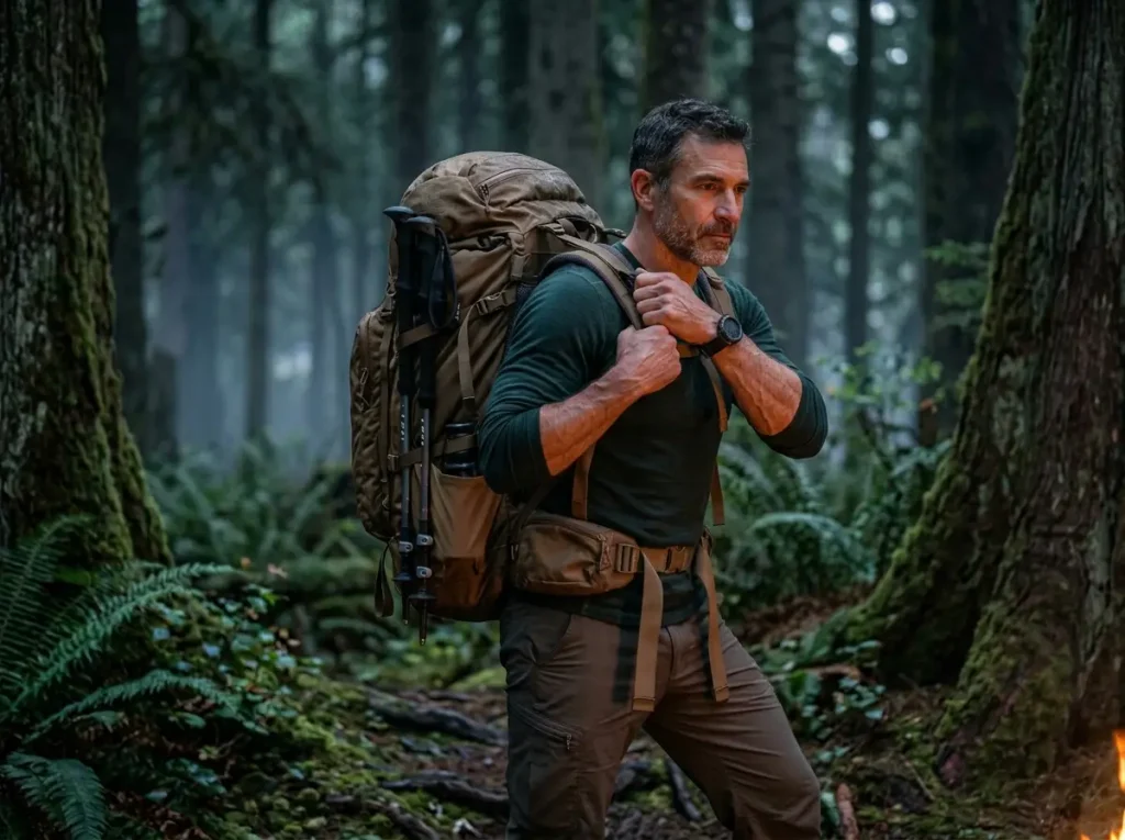 Backpacker adjusting center of gravity to prevent unsteadiness