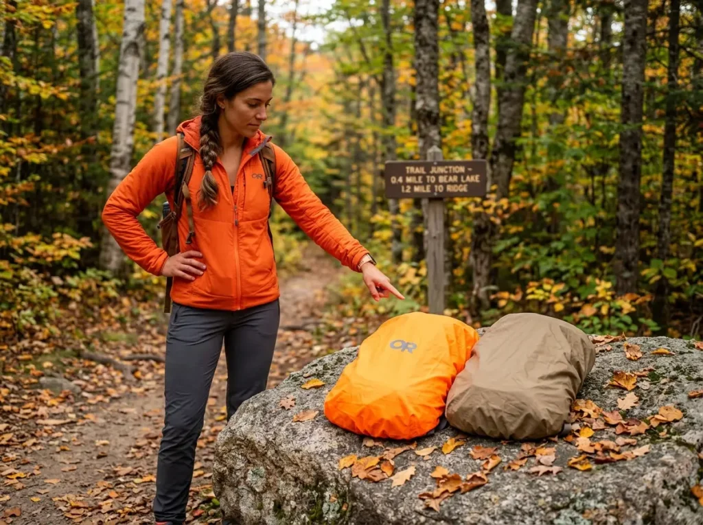Hiker comparing coyote tan versus blaze orange pack cover at trail junction during hunting season