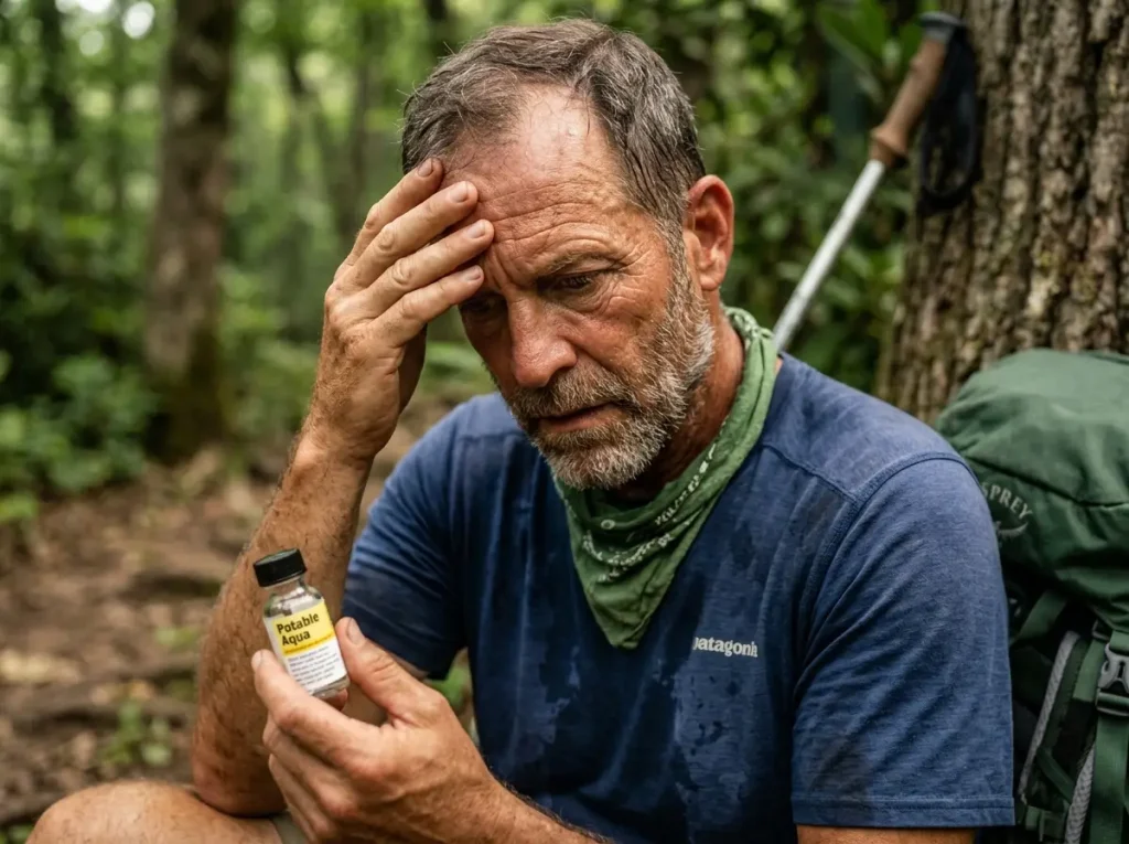 Exhausted hiker showing the physiological cost of iodine tablets vs chlorine dioxide hiking choices.