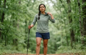 Hiking Gear for Hot Humid Climates What to Skip Hiker in sun hoodie and mesh trail runners pausing on humid Appalachian trail with trekking poles