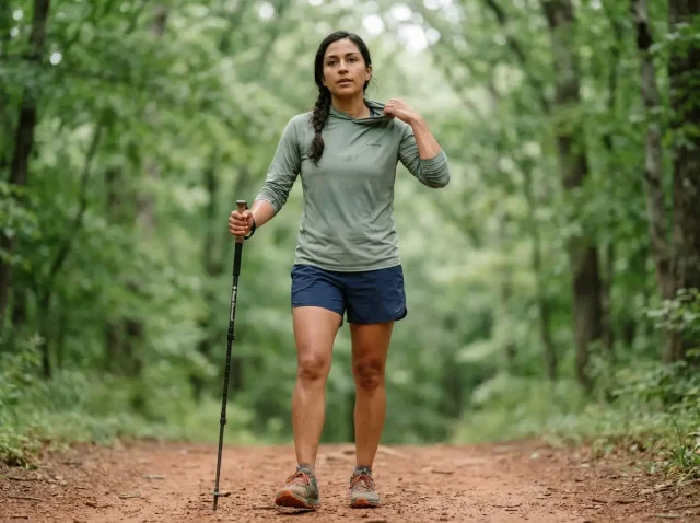 hiking-gear-hot-humid-climates-what-to-skip Hiker in sun hoodie and mesh trail runners pausing on humid Appalachian trail with trekking poles