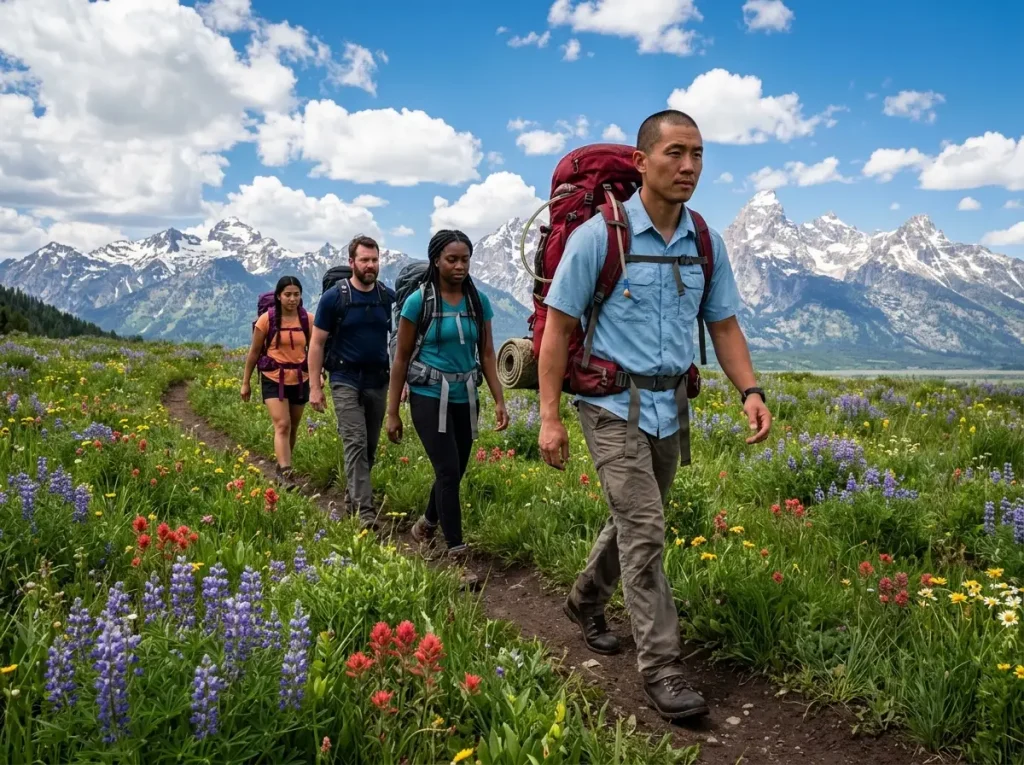Group of hikers walking single file on a designated trail through a fragile alpine wildflower meadow to prevent destructive social trails.