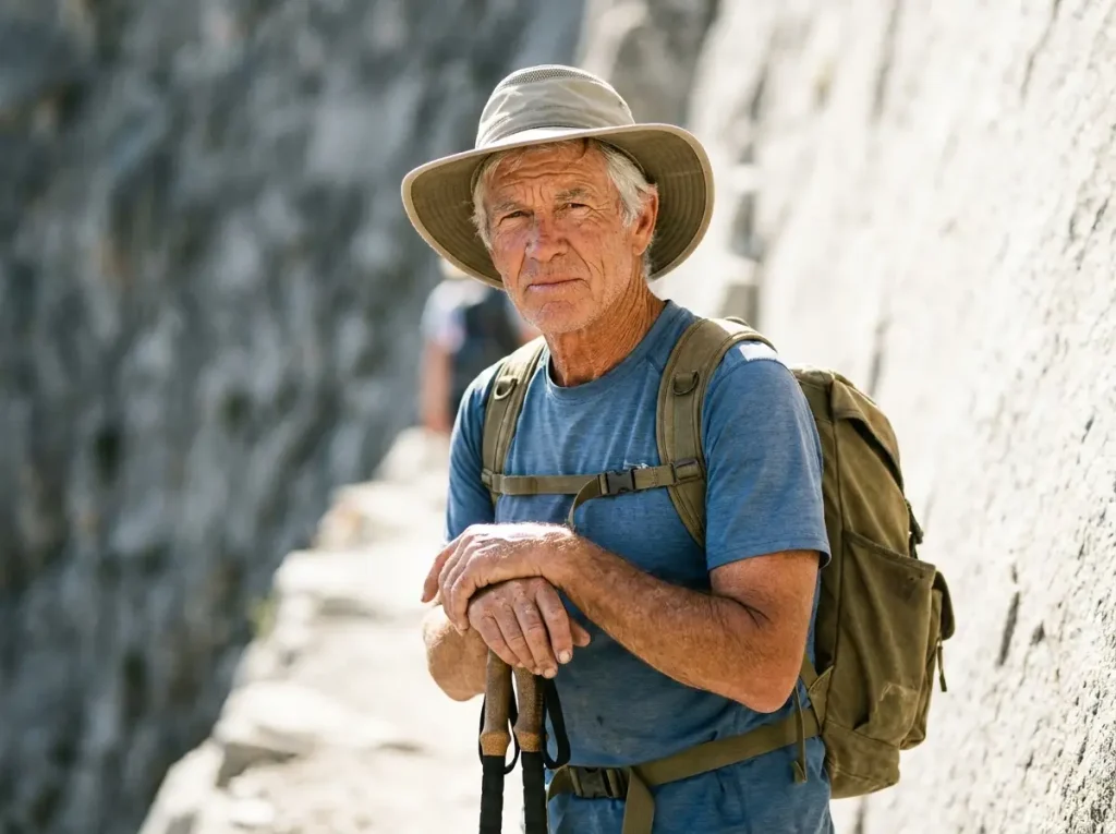 Older male hiker acting as the trail sweep looking forward