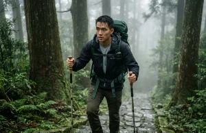 Can You Hike Kumano Kodo Without a Guide? Here’s the Truth Backpacker climbing steep mossy stone steps hiking in japan kumano kodo guide