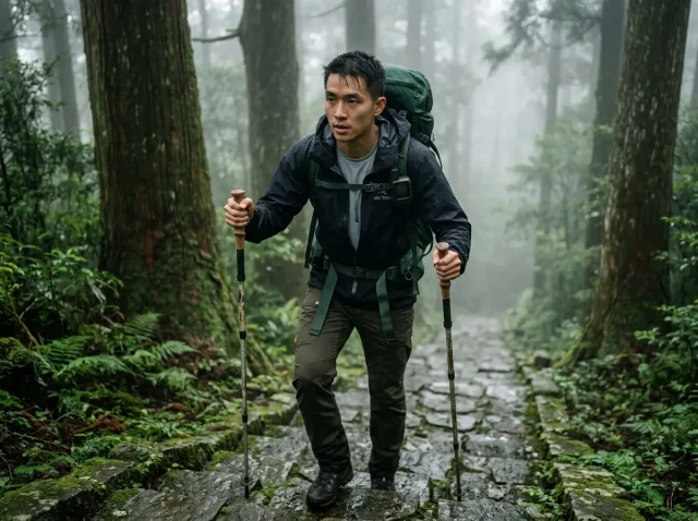 hiking-in-japan-kumano-kodo-guide Backpacker climbing steep mossy stone steps hiking in japan kumano kodo guide