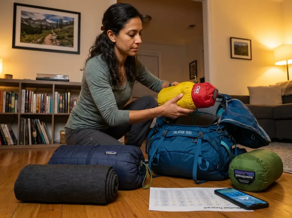 Hiker organizing a three-layer system in their backpack before a trip