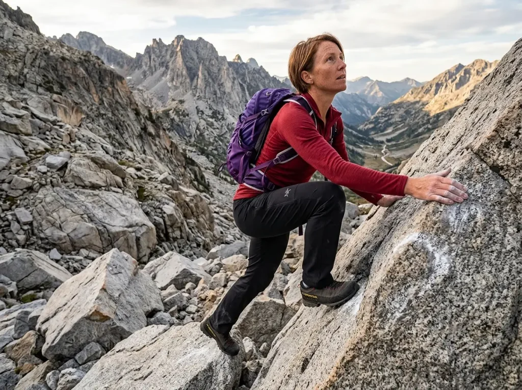 Female scrambler high stepping showing pant stretch fabric and construction