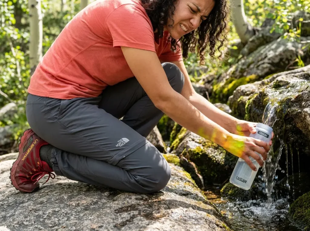 Hiker kneeling on rocky trail showing zipper pressing against knee