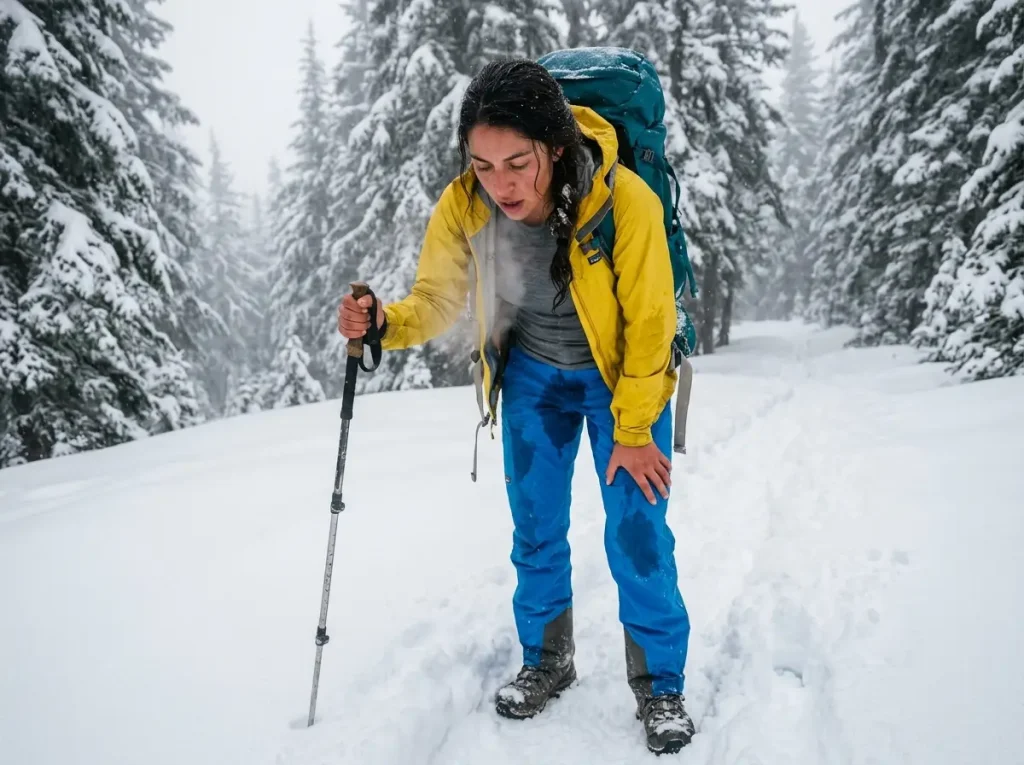 Sweating hiker experiencing condensation inside waterproof pants during winter hiking exertion